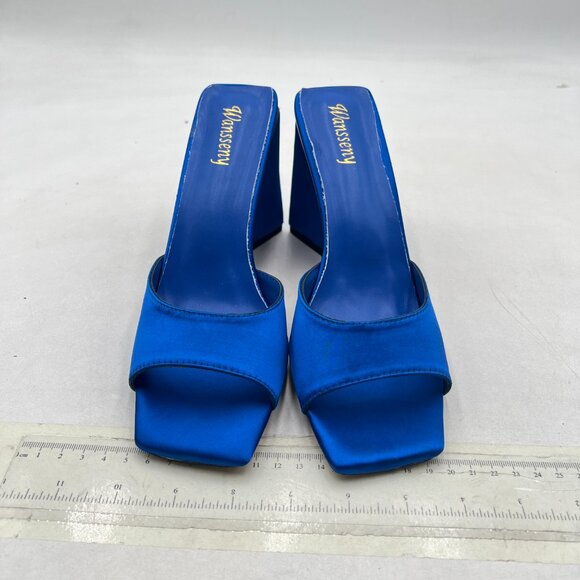 Wansseny Blue Chic Chunky High Heel Slip on Mules Open Square Toe Sandals - Picture 3 of 8